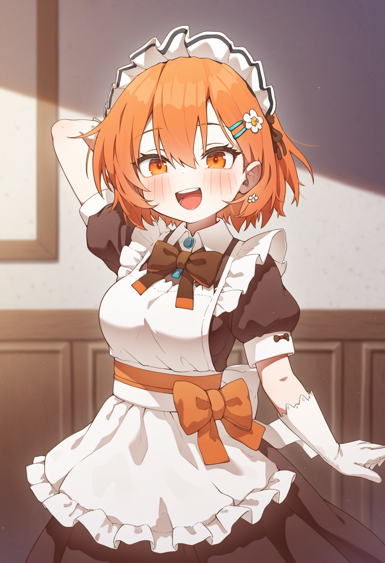 masterpiece,best quality,amazing quality,
1girl, solo, gloves, short sleeves, brown dress, white gloves, hair ornament, open mouth, maid headdress, puffy short sleeves, puffy sleeves, smile, apron, short hair, maid, looking at viewer, arm up, orange hair, dress, hairclip, :d, arm behind head, bangs, flower, orange eyes, frills, hair between eyes, cowboy shot, sash, hair flower, blush, breasts, bow, medium breasts, standing, white apron, brown bow, teeth, back bow, blurry,
 <lora:MountainHan:1>
