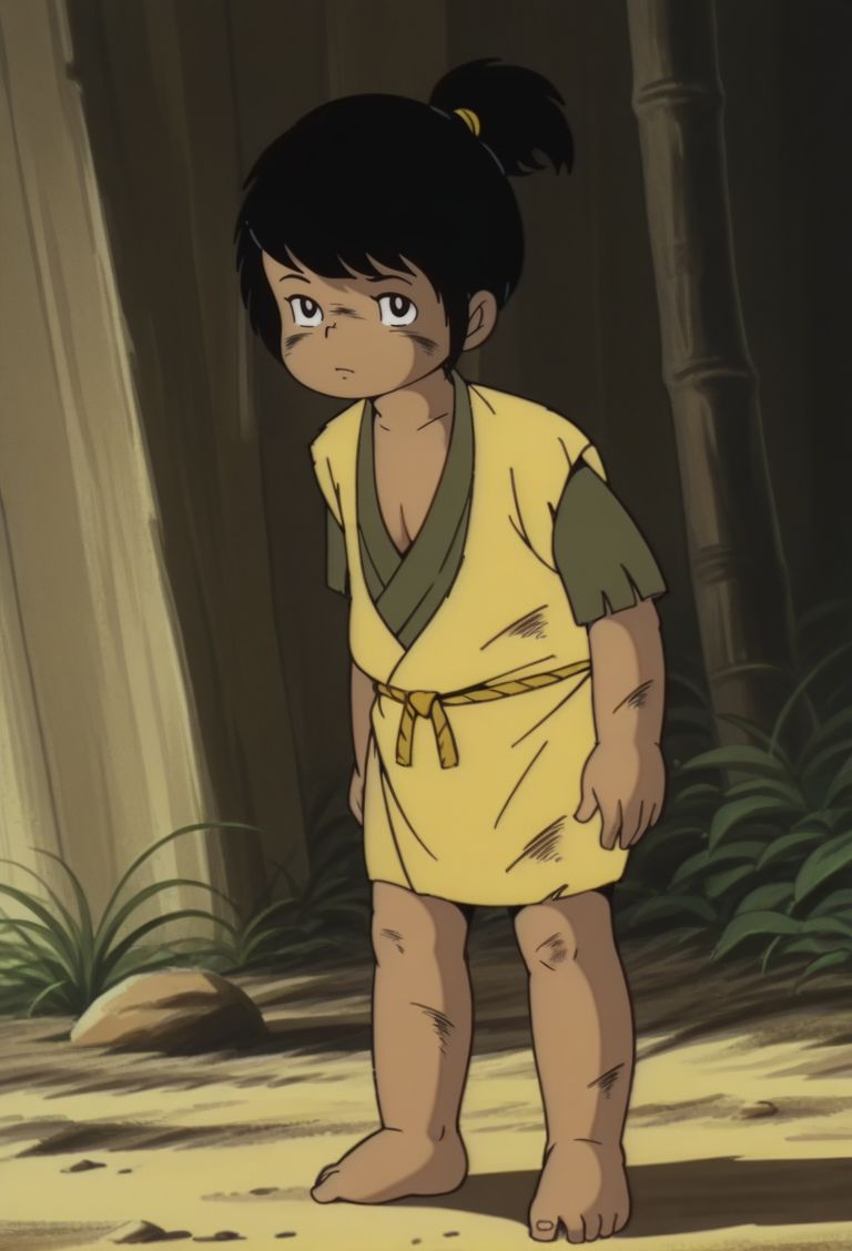 masterpiece, best quality,male focus, open kimono, solo, full body, 
<lora:k0z0:1>, k0z0, 1boy, japanese clothes, dirty, short ponytail, black hair, black eyes, retro artstyle, 1960s \(style\), barefoot,
