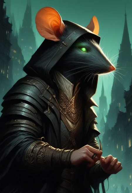 BREAK score_9, score_8_up, score_7_up, victorian city, night, ominous, solo, rat man, black longcoat, wearing goggles, green glow eyes, hood, knife, dynamic pose, leaning forward, fully body shot , leather armour, sneaking
(masterpiece, best quality, ultra detailed, intricate details:1.2), (detailed face:1.1), (rat folk:1.5) <lora:RPGRatFolkXL:1>