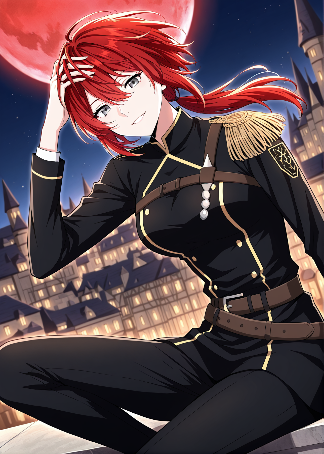 <lora:Claire_Bladeheart__The_Beginning_After_the_End__Illustrious:1>
1 girl, solo, grey eyes, red hair, ponytail, low ponytail, short hair, hair between eyes, bangs, black uniform, black jacket, black pants, epaulettes, long sleeves, belt, double-breasted
score_9, score_8_up, score_7_up, very aesthetic, source_anime, detailed, high quality, beautiful, masterpiece, detailed eyes, castle, village, blurry background, cityscape, pose dynamic angle, light smile, open mouth, hand on hair, sitting, floating hair, looking at viewer, night, red moon,