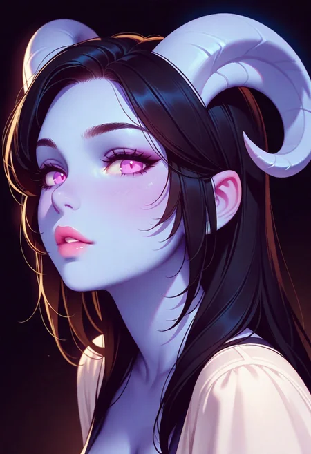 masterpiece, best quality, amazing quality, very aesthetic, flat colors, (artist:Tsuaii:1),
1girl, close up portrait,
looking at viewer, parted lips, draenei(world of warcraft), blue skin, horns, black hair, curvy woman, white dress, dark background,