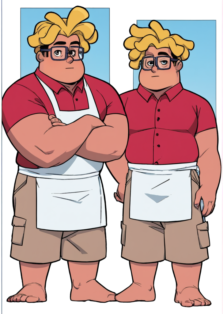 1boy, solo male, front view , looking at the viewer, full body, khaki shorts, white apron, red shirt, speach bubble, ((simple background)),
<lora:ronfryman:0.7> ronfryman, ronaldo fryman, long curled hair, blonde, chubby, masculine, male, glasses, fat,, ,score_9, score_8_up,, <lora:pepelarrazstylexl:0.5> pepelarrazstylexl, comic book style, art by jonathan hickman, 2d art,<lora:Pepe_Larraz-000006:0.5> pepe larraz style, pepe larraz, art by jonathan hickman, 2d art,, <lora:Expressive_H:1> Expressiveh, <lora:add_details_xl:1> more detail, <lora:WildcardX-XL-Detail-Enhancer:1>
