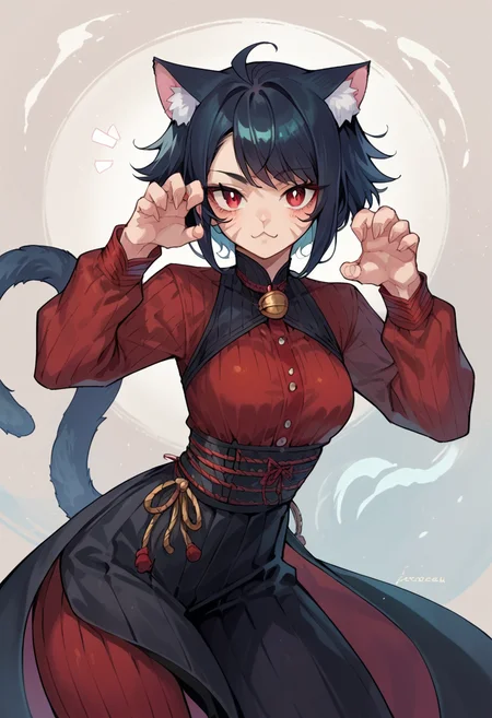 <lora:ExobeloStyle-000020:1>, score_9, score_8_up, score_7_up, source_anime,
1girl, solo, catgirl, cat ears, long black hair, red eyes, cat tail, looking at viewer, cat pose, medium breasts,
