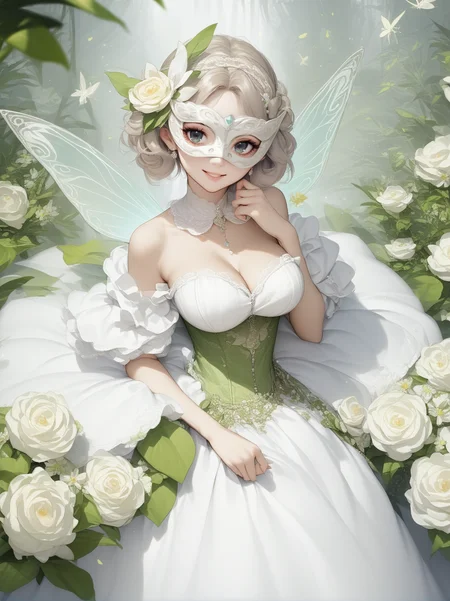 score_9, score_8_up, score_7_up, score_6_up, score_5_up, score_4_up, source_cartoon, source_anime,
1girl wearing a white (masquerade dress), <lora:masquerade_dress-PD-1.0:1>
fairy wings, smile, large breasts, giant flowers, mask, layered dress, frills, pose