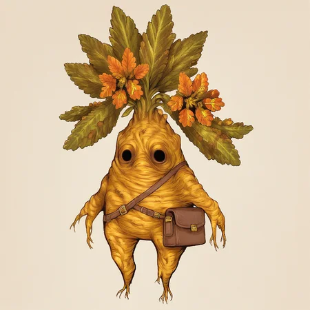 Score_7_up, score_8_up, Mandrake, plant monster, full body, wrinkly, turnip, bushy, flower, berries, hollow eyes, empty eyes, satchel, cute, simple,