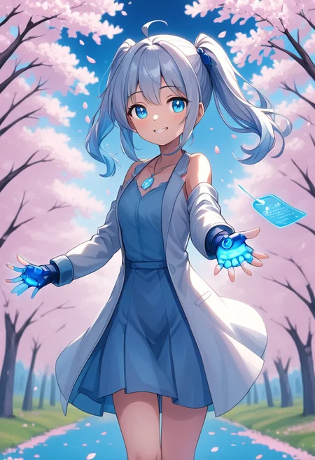 civbotchan, 1girl, standing beneath a canopy of blooming cherry blossom trees, petals falling around her, smiling warmly as she reaches out to catch one in her glowing gauntlet. Her silver-blue twin ponytails sway gently in the breeze, pendant softly glowing. A small floating robot companion hovers nearby, also holding a flower. The scene is lit with soft pink and blue tones, blending nature and holographic effects, peaceful anime style.