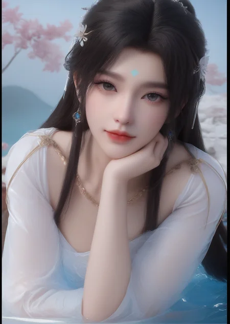 (looking_at_viewer:1.4),full_shot,chin_rest,bunching_hair,lying_on_water,1girl,solo,dress,hair ornament,portiart,from front,masterpiece,(best quality),official art,extremely detailed cg 8k wallpaper,crystalstexture skin,(extremely delicate and beautiful),solo,realistic,photo_\(medium\),hiqcgbody,chinese background,eye-contact,(smile:0.7),jewelry,absurdres,incredibly absurdres,huge filesize,<lora:æ¸
漪_V1-000001:1>,