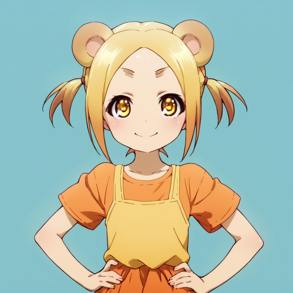 score_9, score_8_up, score_7_up, score_6_up, score_5_up, score_4_up, source_anime, , Koyuzu, short hair, blonde hair, twintails, yellow eyes, raccoon ears,  , soft smile, standing, hands on hips