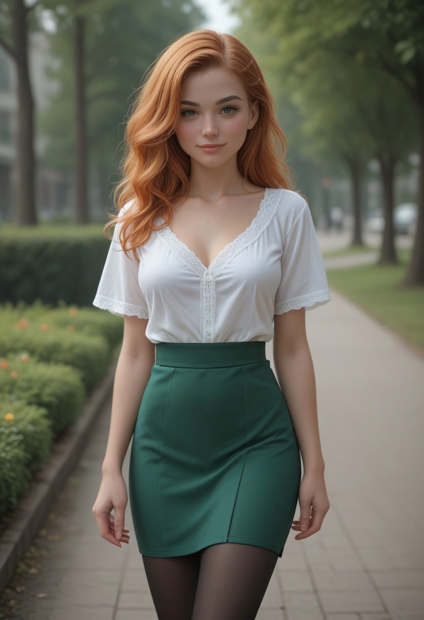 safe_pos, score_9_up, scorscore_9_up, score_8_up, score_7_up, bellissima, Chr1stm4s Cut13 3lf, cute, 1girl, solo, young, pretty face, sexy, long flowing ginger hair, big bright green eyes, medium breasts, white blouse, green skirt, black pantyhose, blush, walking in a park, pouty lips curled in a coy smile, depth of field.

