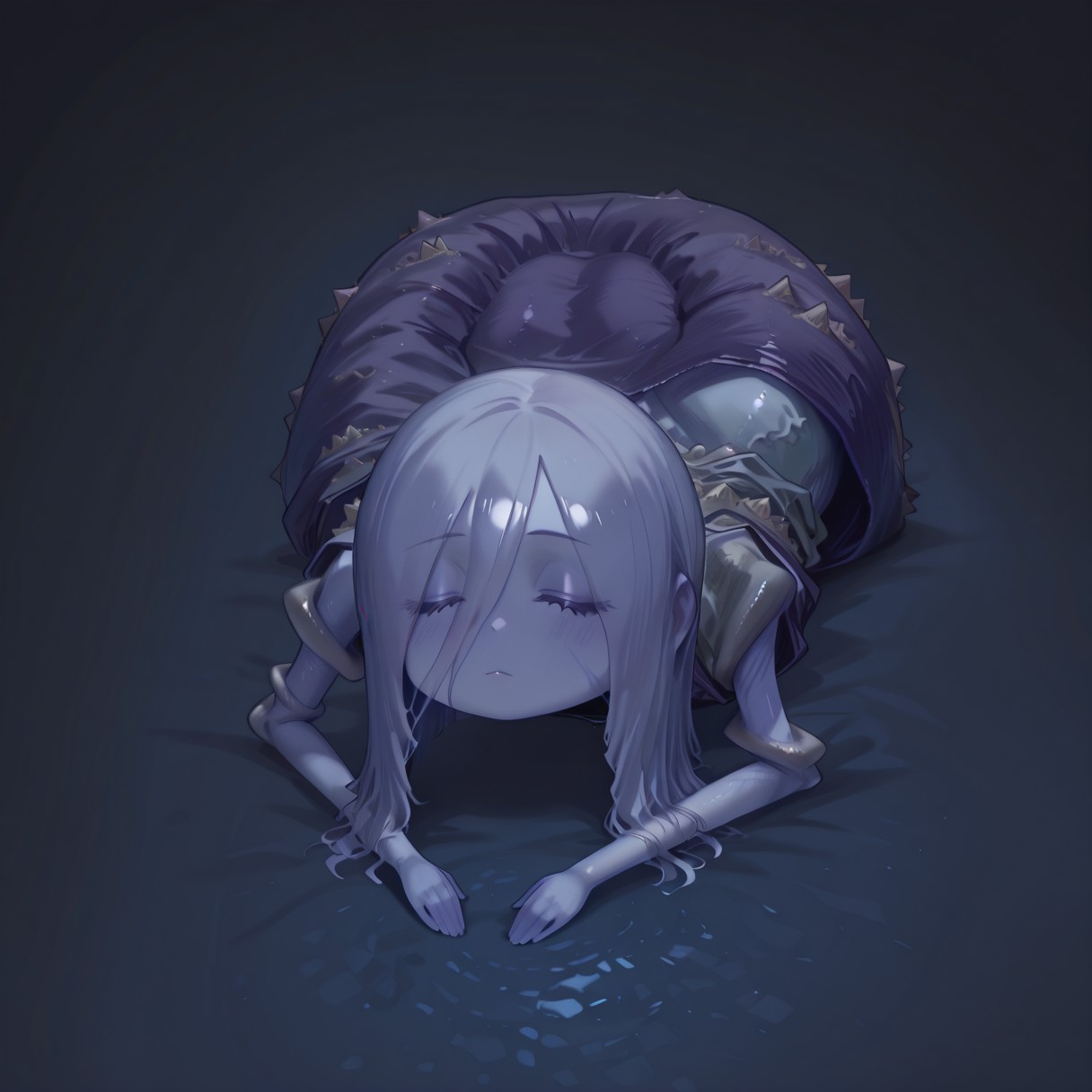 safe_pos, Snailwoman, monster girl, colored skin, hair over eyes, closed eyes, chibi