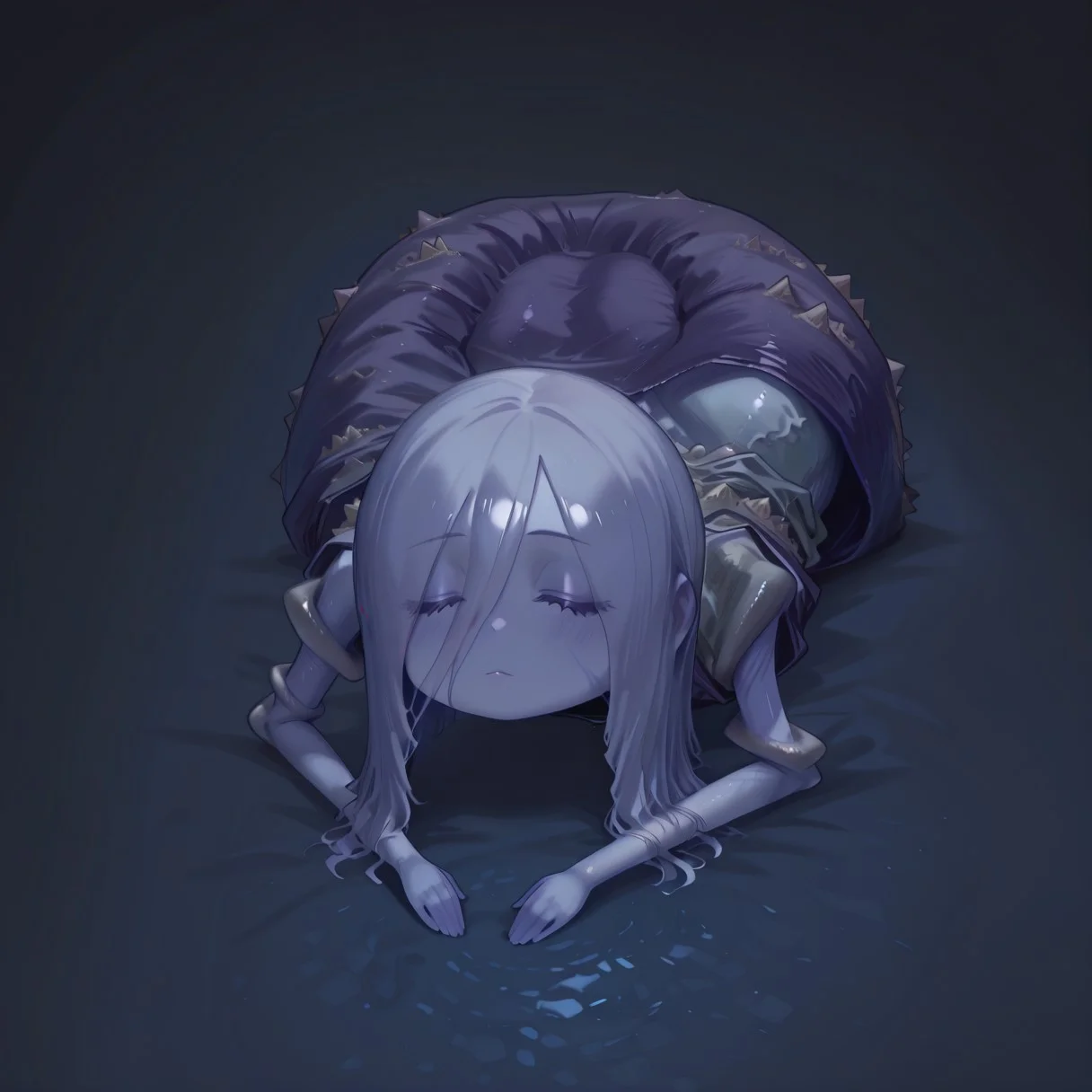safe_pos, Snailwoman, monster girl, colored skin, hair over eyes, closed eyes, chibi