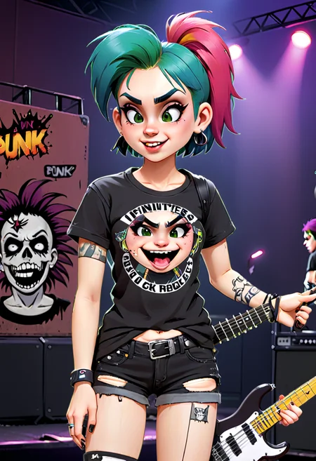<lora:InfiniteTina:.5>A 18-year-old InfiniteTina at her first punk rock concert wearing ripped fishnets and a band tee.
