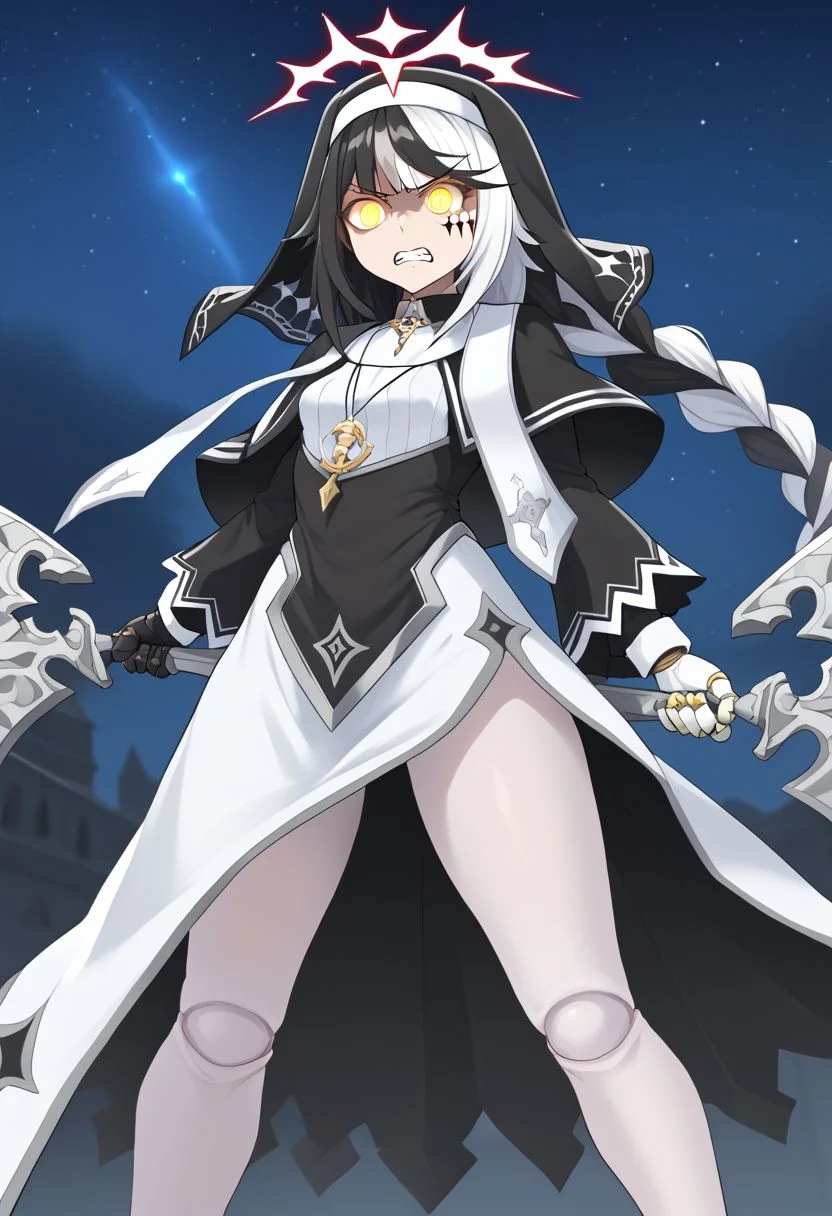 1girl, absurdres, solo, long hair, black hair, streaked hair, two-tone hair, yellow eyes, braid, white hair, multicolored hair, facial mark, braided ponytail, veil, nun, habit, black capelet, asymmetrical gloves, mismatched gloves, doll joints, white pantyhose, night sky, glowing eyes, holding weapon, angry, shadow eyes, clenched teeth, standing, fighting stance, legs apart, facing viewer