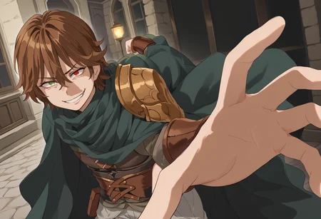score_9, score_7_up, standing, keyaruroh, brown hair, hair between eyes, red eyes, green shirt, corset, single pauldron, bracer, armor, multiple belts, bandolier, green cape, belt, pouch, grey pants, IncrsPunchMeme, incoming punch, evil grin, green eyes, heterochromia, <segment:yolo-AnzhcFaceseg640v2y8n.pt,0.4,0.3>