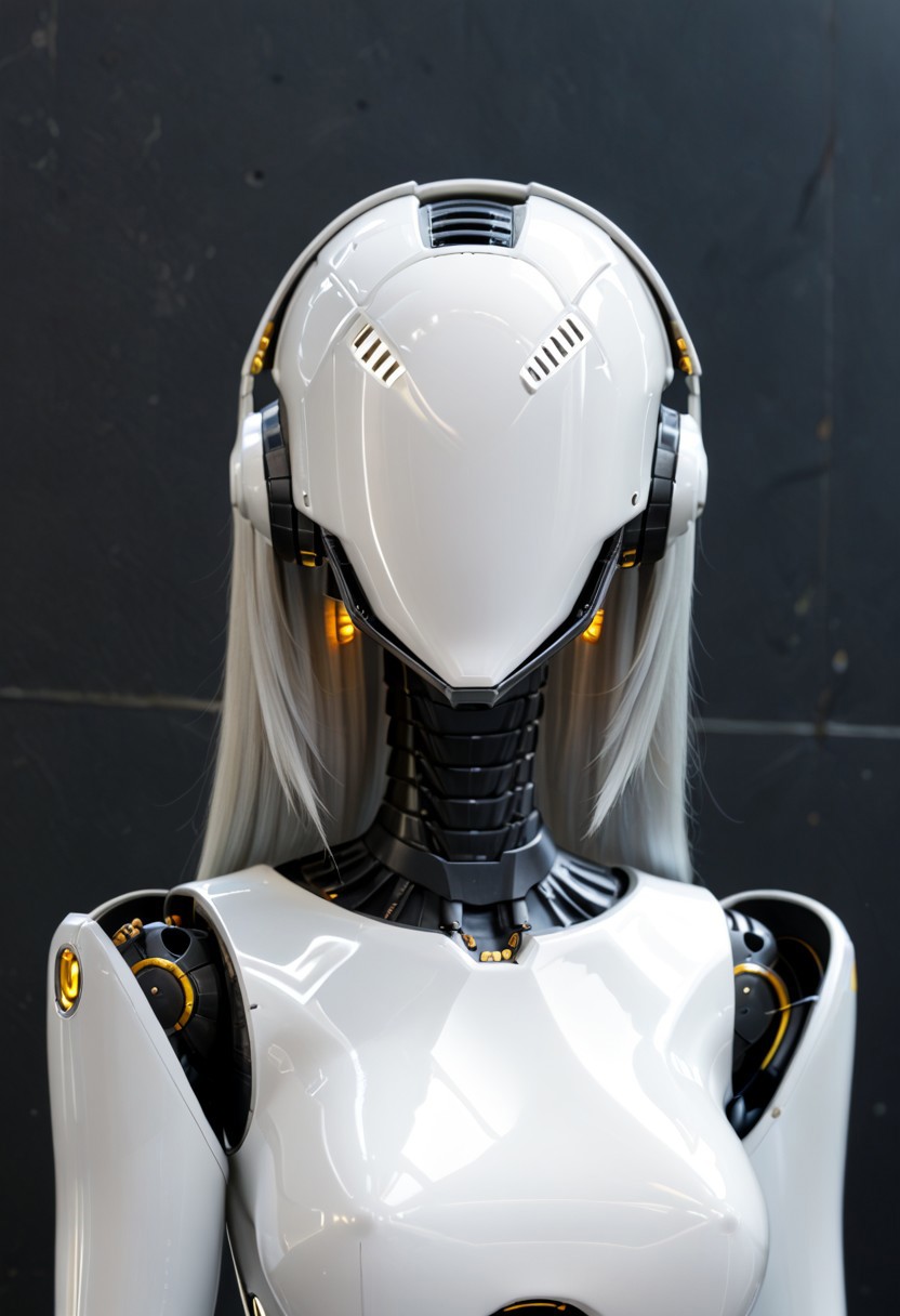 A 35mm photo of a beautiful robotic woman, she has a faceless robotic head, robot, silver hair, smooth metallic featureless feminine body
no face