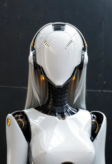 A 35mm photo of a beautiful robotic woman, she has a faceless robotic head, robot, silver hair, smooth metallic featureless feminine body
no face