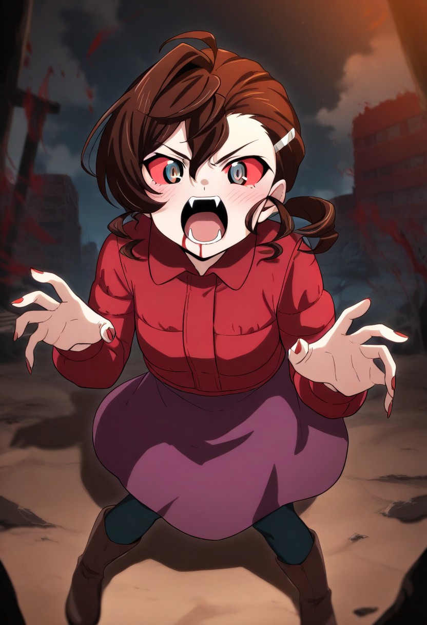 masterpiece, best quality, very aesthetic, absurdres,perfect,1girl,Inuyama Mana,GeGeGe no Kitarou,recent,(solo),ruins cityscape,1 hair tie,screaming,(fangs:1.2),pale skin,shouting,Pounce pose,Dynamic movement,(lavenderblush skirt:1.2),crimson (Down jacket:1.3),(Placket jacket:1.3),(red sclera:1.5),red fingernails,blood dripping from mouth,(single hair intake:1.5),wavy hair,swept bangs and (hair pulled back:1.2),hair between eyes,(low ponytail),Ahoge,(Brown:1.5) medium hair,sideburns,Brown ankle boots,pantyhose,1 silver hairpin,grey eyes