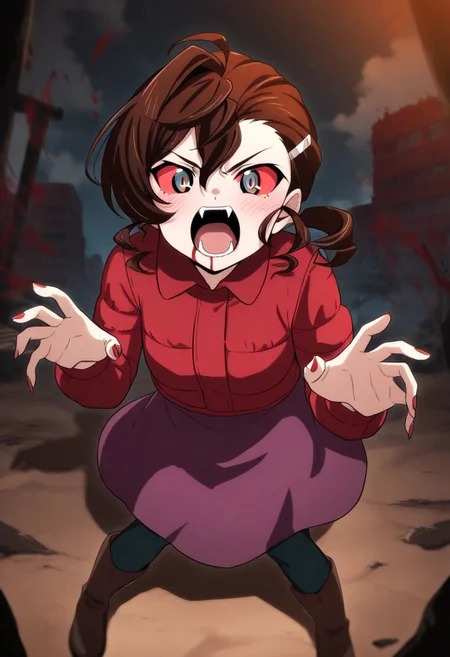 masterpiece, best quality, very aesthetic, absurdres,perfect,1girl,Inuyama Mana,GeGeGe no Kitarou,recent,(solo),ruins cityscape,1 hair tie,screaming,(fangs:1.2),pale skin,shouting,Pounce pose,Dynamic movement,(lavenderblush skirt:1.2),crimson (Down jacket:1.3),(Placket jacket:1.3),(red sclera:1.5),red fingernails,blood dripping from mouth,(single hair intake:1.5),wavy hair,swept bangs and (hair pulled back:1.2),hair between eyes,(low ponytail),Ahoge,(Brown:1.5) medium hair,sideburns,Brown ankle boots,pantyhose,1 silver hairpin,grey eyes