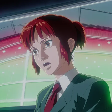 score_9,source_anime,1girl,solo,upper body,red tie,green business suit,red hair,brown eyes,short ponytail,strobe lights,red lights,green lights,shiny eyes,looking down,looking away,head lean forward,screen reflection,sitting,open mouth,<lora:GITS1995_XL:1>,
