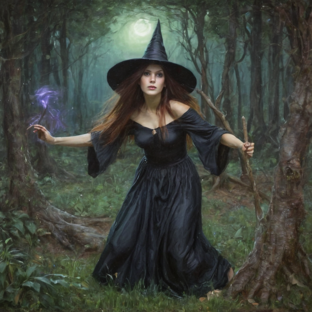 Waterhouse painting of beautiful realistic witch woman at magical forest <lora:Waterhouse_painting_style:1>
