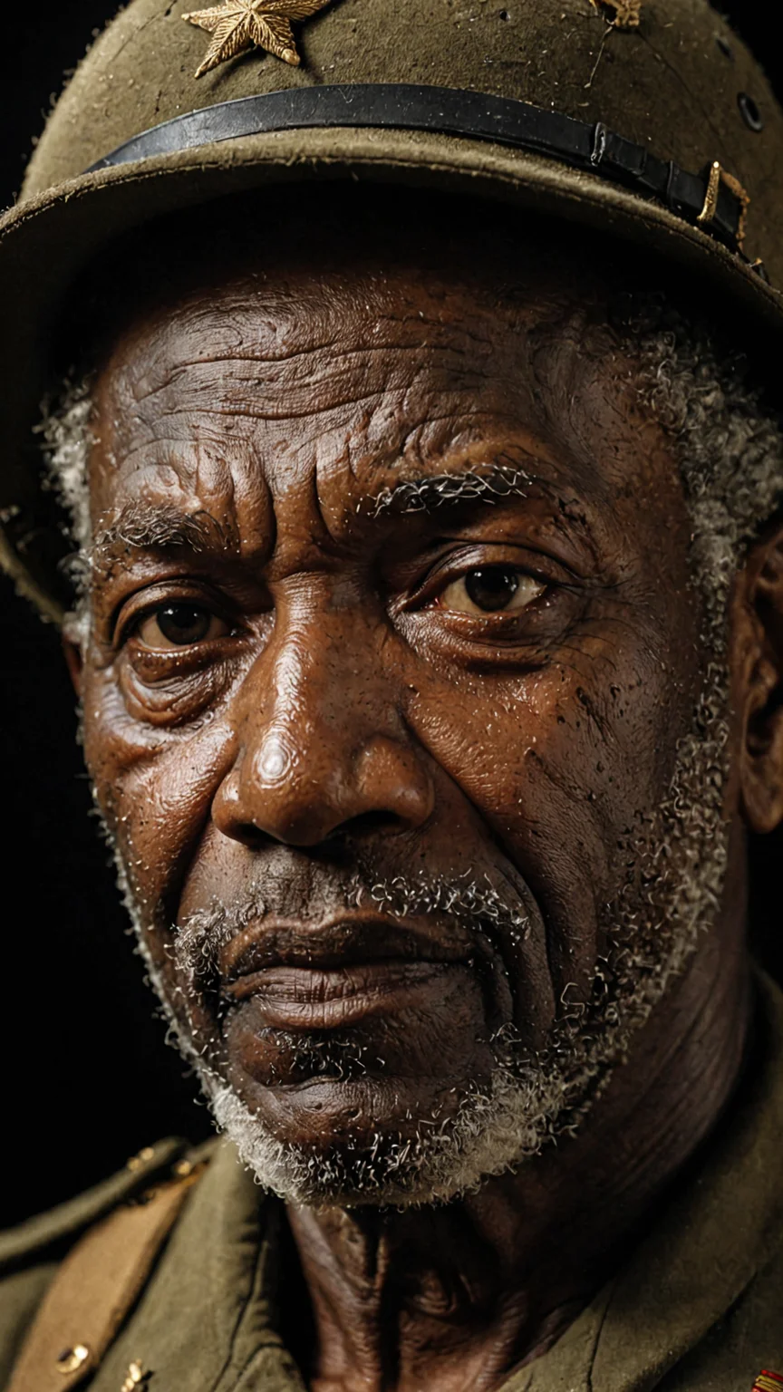 breathtaking close up portrait of 80yo Caribbean male World War II soldier at night 1945, Oblong face, sun wrinkles, masterpiece, award-winning, professional, highly detailed, Rembrandt lighting, low key lighting