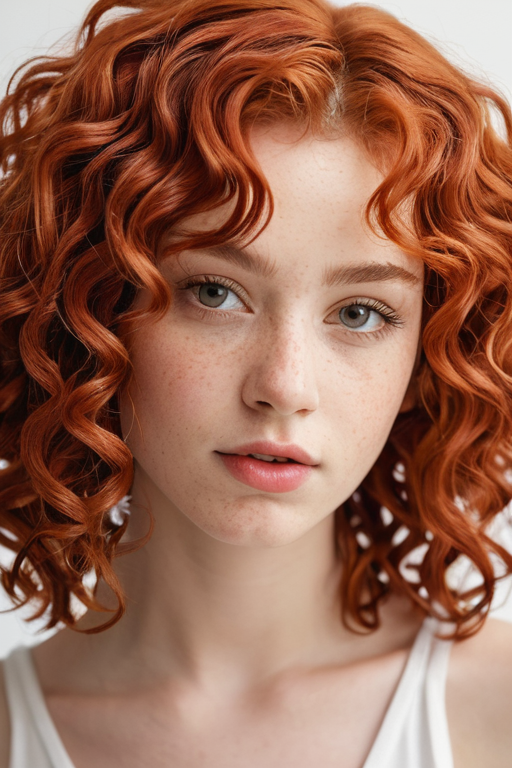 1girl,face,curly hair,red hair,white background
