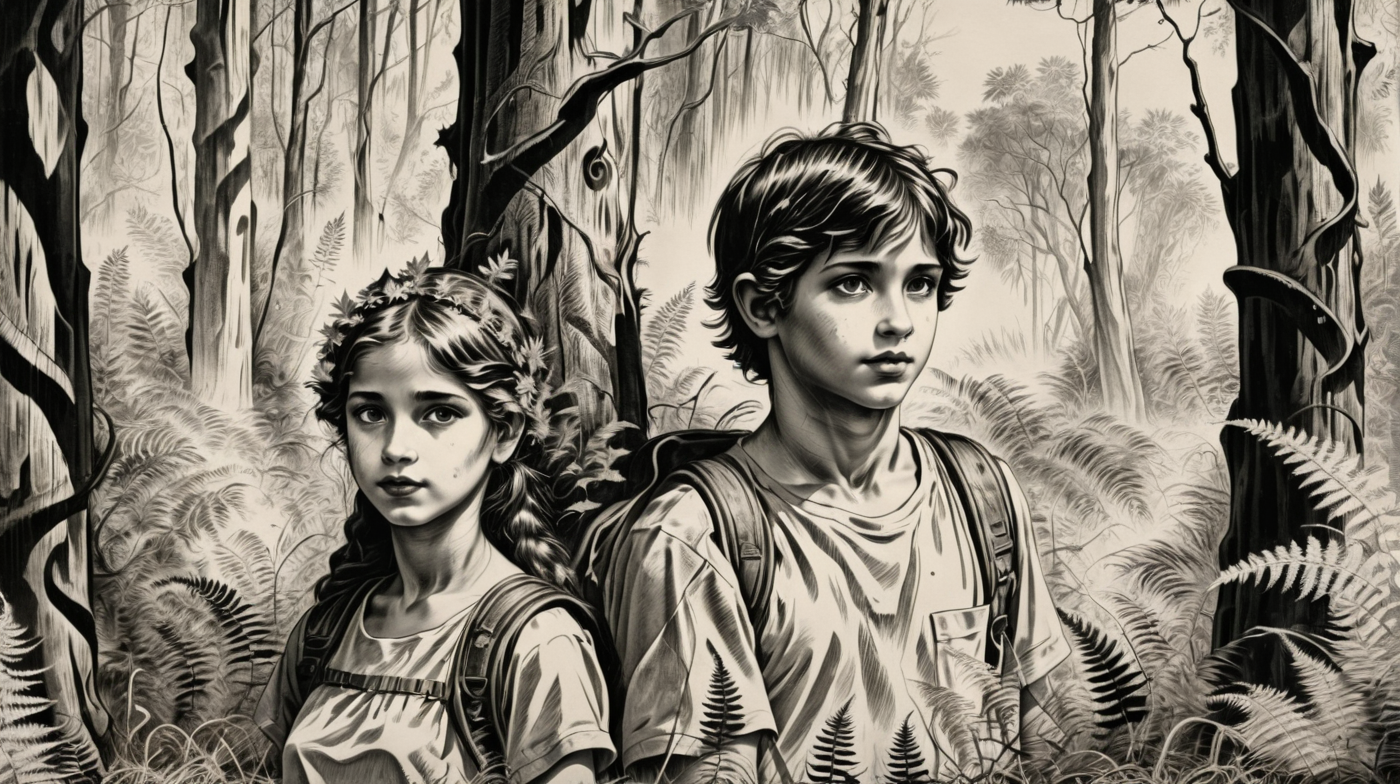 Girl and boy in the forest, close-up, ferns and old crooked trees, black ink <lora:corcoc1s:0.8>