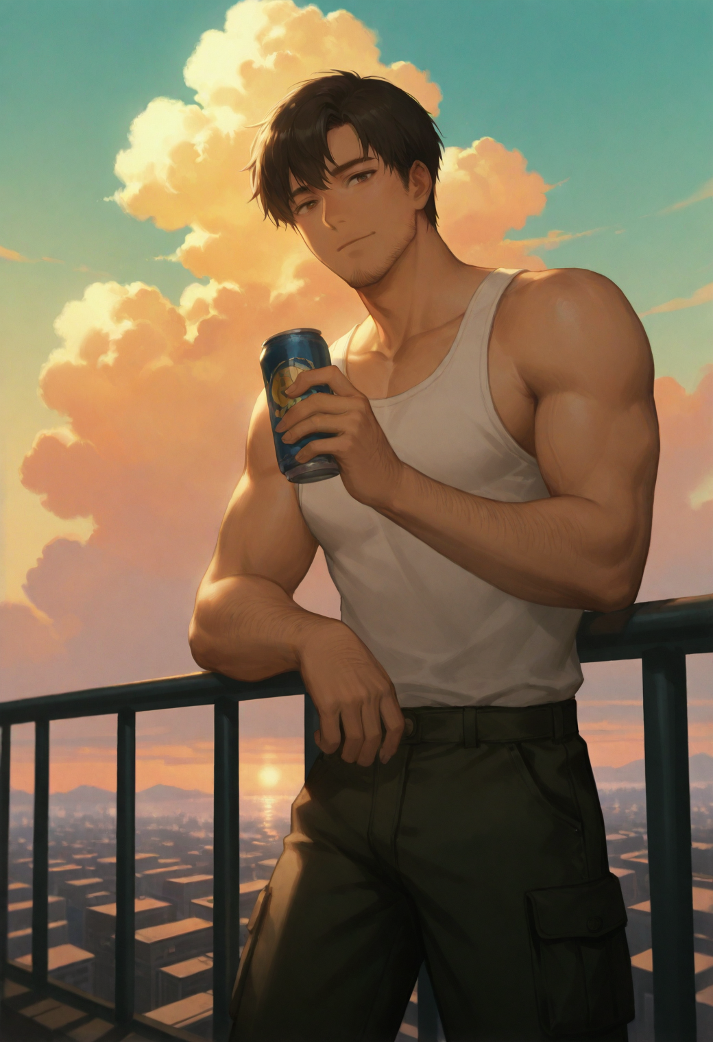 embedding:SmoothNoob_Quality, anime screenshot,   (rei \(sanbonzakura\):0.4), (potg:0.4), (hakuhiruoeoe:0.4), (konyakarasue:0.4), 1boy, male focus, solo, mature male, muscular male, arm hair, stubble, manly, short hair,  film grain, golden hour, sunset, horizon, cumulonimbus cloud, cityscape, rooftop, against railing, holding can, looking at viewer, white tank top, cargo pants, high contrast, backlighting,
