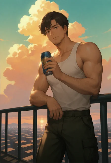 embedding:SmoothNoob_Quality, anime screenshot, (rei \(sanbonzakura\):0.4), (potg:0.4), (hakuhiruoeoe:0.4), (konyakarasue:0.4), 1boy, male focus, solo, mature male, muscular male, arm hair, stubble, manly, short hair, film grain, golden hour, sunset, horizon, cumulonimbus cloud, cityscape, rooftop, against railing, holding can, looking at viewer, white tank top, cargo pants, high contrast, backlighting,
