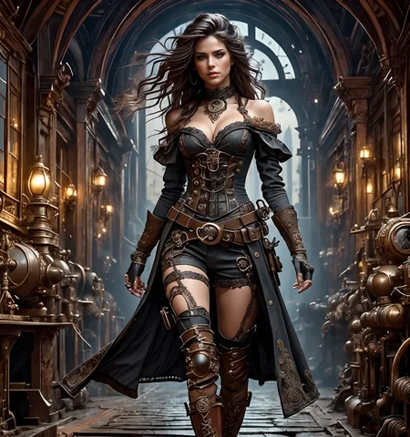 RAW photo, (masterpiece:1.3), subsurface scattering, heavy shadow, (high quality:1.4), (intricate, high detail:1.2), professional photography, HDR, High Dynamic Range, realistic, ultra realistic, photorealistic, high resolution, film photography, ambient lighting, atmospheric effects, <lora:detail_slider_v4:2>, OverallDetail,   <lora:SteampunkChar:1>, 1girl, bare shoulders, barrel, belt, black hair, blurry, book, boots, breasts, buckle, choker, cleavage, clock, coat, corset, fingerless gloves, hand in pocket, holstered weapon, jewelry, long hair, looking at viewer, medium breasts, necklace, rose, solo, steamchar, walking