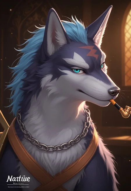 anthropomorphic wolf, dark blue fur, white fur on chest and lower face, brown markings on face, blue spiky crown-like fur on head, sharp turquoise eyes, black nose, , slightly raised eyebrows, , muscular , long bushy tail, pointed ears,, sharp white claws,metal chain around neck and body, large wooden spear with leather straps on back, brown belt, small metal plate attached to belt, smoking pipe in mouth,score_9, score_8_up, score_7_up, score_6_up, score_5_up, score_4_up, anthro, slight smile,seductive look,high detail, best quality ,detailed background, <lora:S1_Dramatic_Lighting_v2:0.3>, vibrant,masterpiece, (highres:1.3), concept art, digital art, realistic, 1boy, male, (high quality), (masterpiece), (detailed),((Detailed background ,mature male, ,detailed background, dynamic, immersive, intricate, , fur,,hairyfurry male, close up, looking at viewer, side angle,only face,