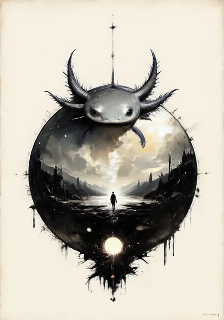 an axolotl with frilly gills, post-apocalyptic, a human living in a world where they can read minds, a society where people can control gravity, the art style emphasizes a modern and ethereal aesthetic, blending minimalist compositions with striking, symbolic elements. It features a strong focus on contrasts, often juxtaposing soft, smooth gradients with sharp, defined details. Themes of otherworldliness and transcendence are prevalent, conveyed through a mix of muted and glowing color palettes. The use of clean, elegant forms paired with surreal or abstract symbolism creates a visually captivating and contemplative mood across all pieces.<lora:Axomodel_Flux_V2.safetensors:1.0:1.0> <lora:cheats.safetensors:1.0:1.0>