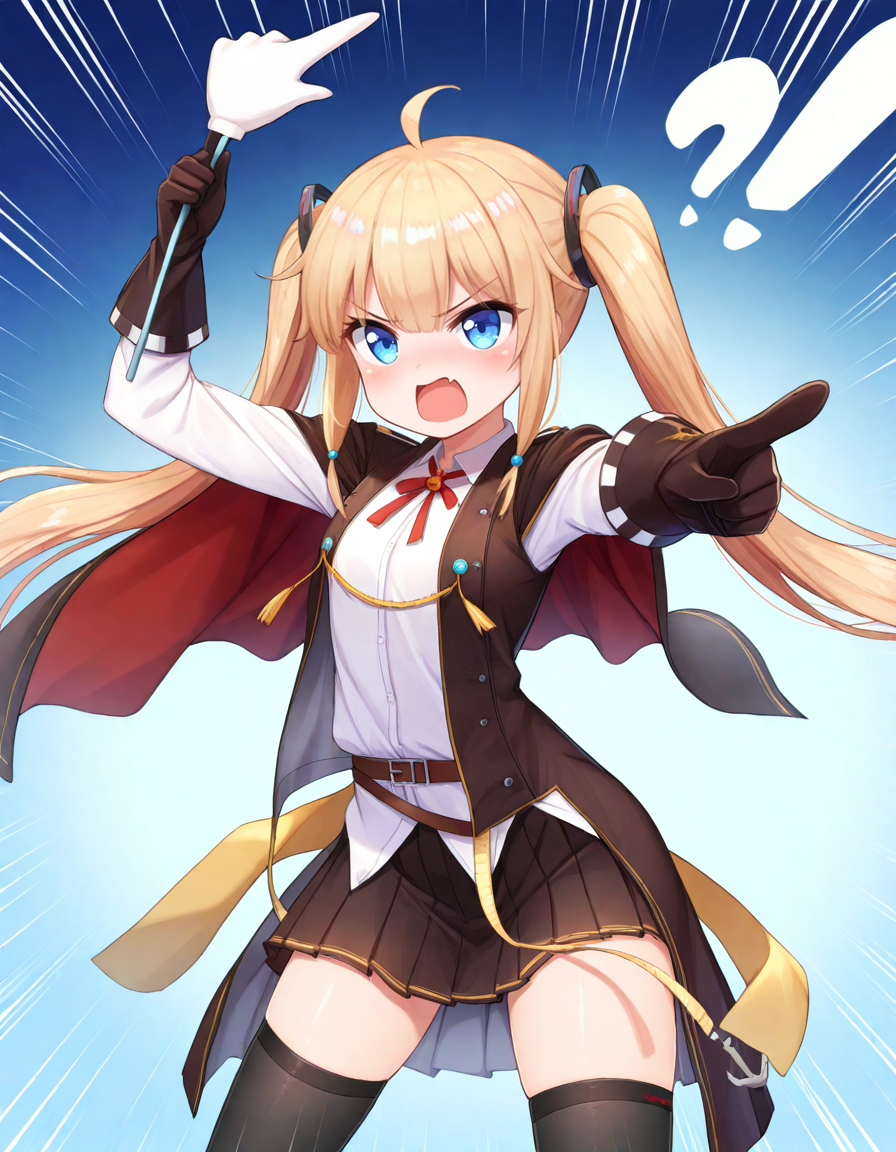 <lora:AzlaAmazon_SDXL_Illustrious_fp16_ver02:1>,AzlaAmazon,1girl,solo, blue eyes,blonde hair,twintail,pleated skirt,black thighhighs, gloves,shirt,neck ribbon,military uniform,cape,long sleeves,hair ornament,holding pointer,angry,pointing at viewer, open mouth,emphasis lines, masterpiece, best quality, very aesthetic, absurdres,<lora:detailed_hands:1>,hand