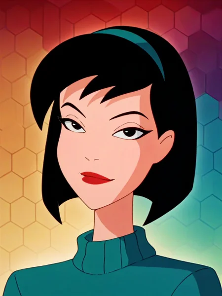PonyXLV6_Scores, (rainbow gradient honeycomb \(pattern\) background:1.2), 1girl, solo, upper body portrait, warm slight smile, closed mouth, (looking at viewer:1.1), <lora:thriftBTAS_PDXLver:1> thriftBTAS, black hair, hair bob, black eyes, hairband, red lips, teal turtleneck sweater,
