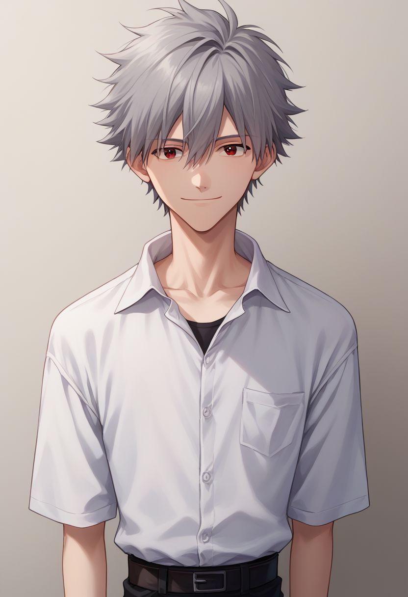 score_9, score_8_up, source_anime, highly detailed, 1boy, solo, male_focus, skinny,
kaworu, 1boy, male focus, solo, red eyes, grey hair, smile, 
shirt, white shirt, black pants, looking at viewer,
indoor, upper body,