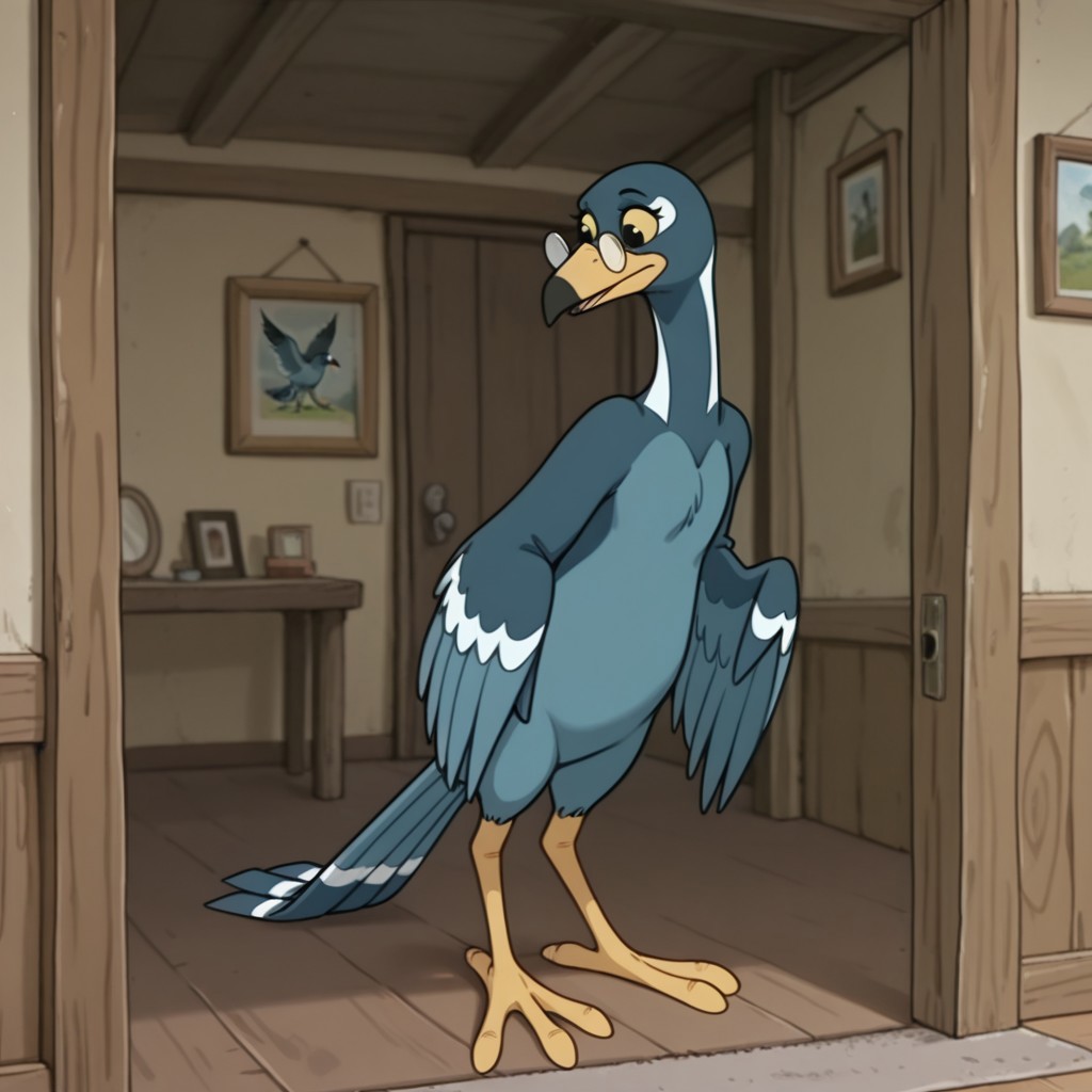 masterpiece, best quality, amazing quality, Magpiebbil, semi-anthro, female, bird, blue feathers, black eyes, yellow sclera, winged arms, glasses,  standing, inside, cleaning