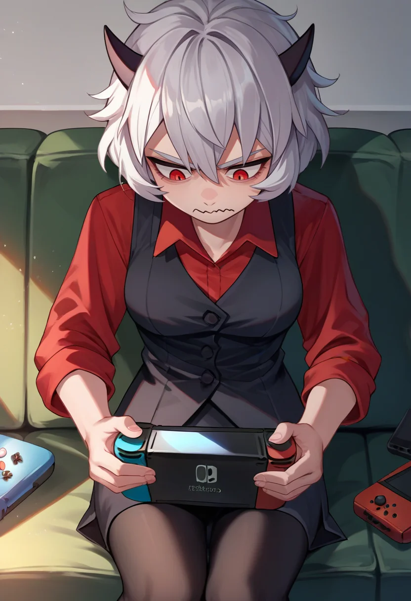 score_9, score_8_up, score_7_up, source_anime, solo, 1girl, htmalina, unamused, wavy mouth, looking down, sitting, couch, holding handheld game console, nintendo switch, demon horns, red shirt, sleeves rolled up, black vest, waistcoat, black skirt, black pantyhose, indoors <lora:helltaker_malina_ponyXL:1>