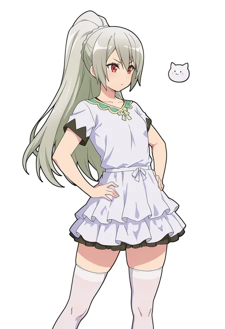 Smooth Quality,masterpiece,very intricate, high quality details, ultra realistic, high detailed skin,detailed enviorement,absurdres,
hand on own hip,
<lora:Ange_Maidena_CNR:0.8> ange_cnr, 1girl, grey hair, red eyes, long hair,
ange_cnr, white_cnr, ponytail, white dress, white shirt, white skirt, white thighhighs,, simple background, white background, front view,
standing, hands on hips, feet apart, determined, looking forward, ,, uwu,