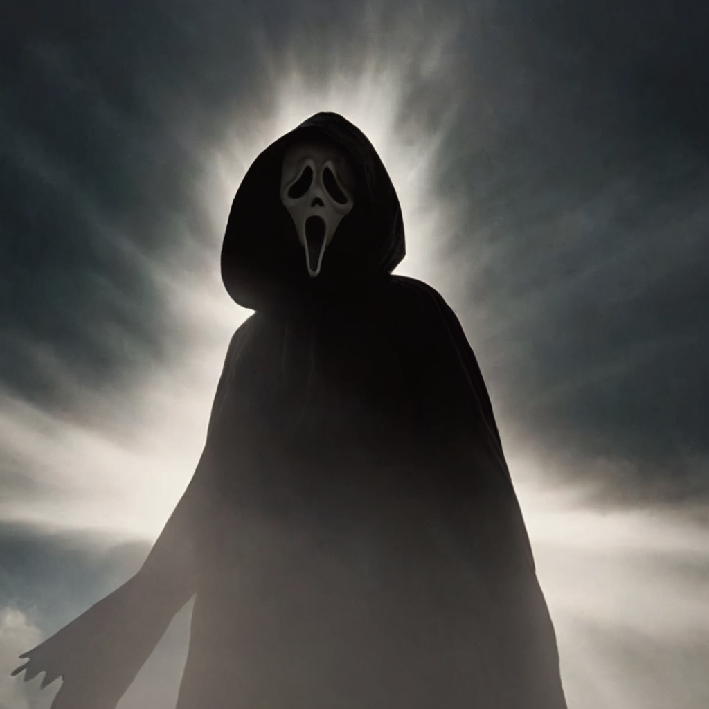 cinematic film still of  <lora:Chiaroscuro Lighting Style:1> Chiaroscuro Lighting Style
 <lora:Ghostface:1>
Ghostface a person in a hoodedie with a hoodie on and god ray shaft ray light in background,scream horror movie style,solo,1boy,upper body,outdoors,sky,cloud,hood,no humans,mask,cloudy sky,cloak,1other,hood up,robe,fog,black robe,hooded robe , realistic, sharp, detailed, classic, 1990's, horror, photography, artistic, perfect knife, crazy, shallow depth of field, vignette, highly detailed, high budget, bokeh, cinemascope, moody, epic, gorgeous, film grain, grainy