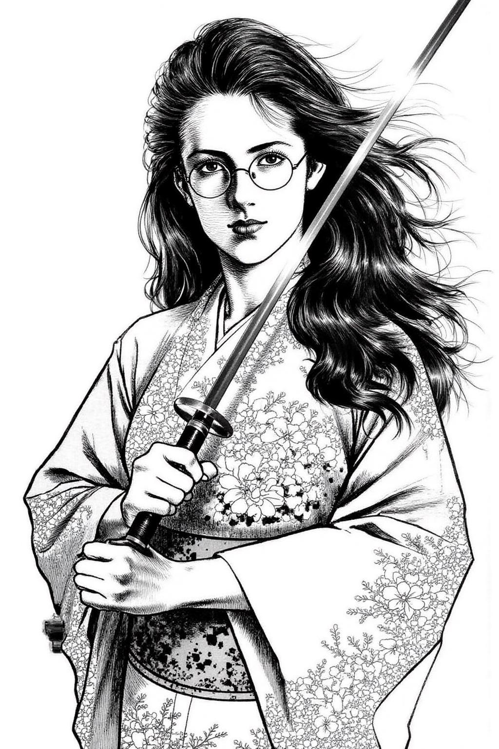 1keryo illustration.
A woman with long, flowing black hair that cascades down her back, and she wears round, wire-framed glasses She is dressed in a traditional Japanese kimono, which is adorned with intricate floral patterns and delicate embroidery. She is holding a Japanese katana. <lora:1keryo1_cap_d6a3e12:1.0><lora:826544586425036487:0>