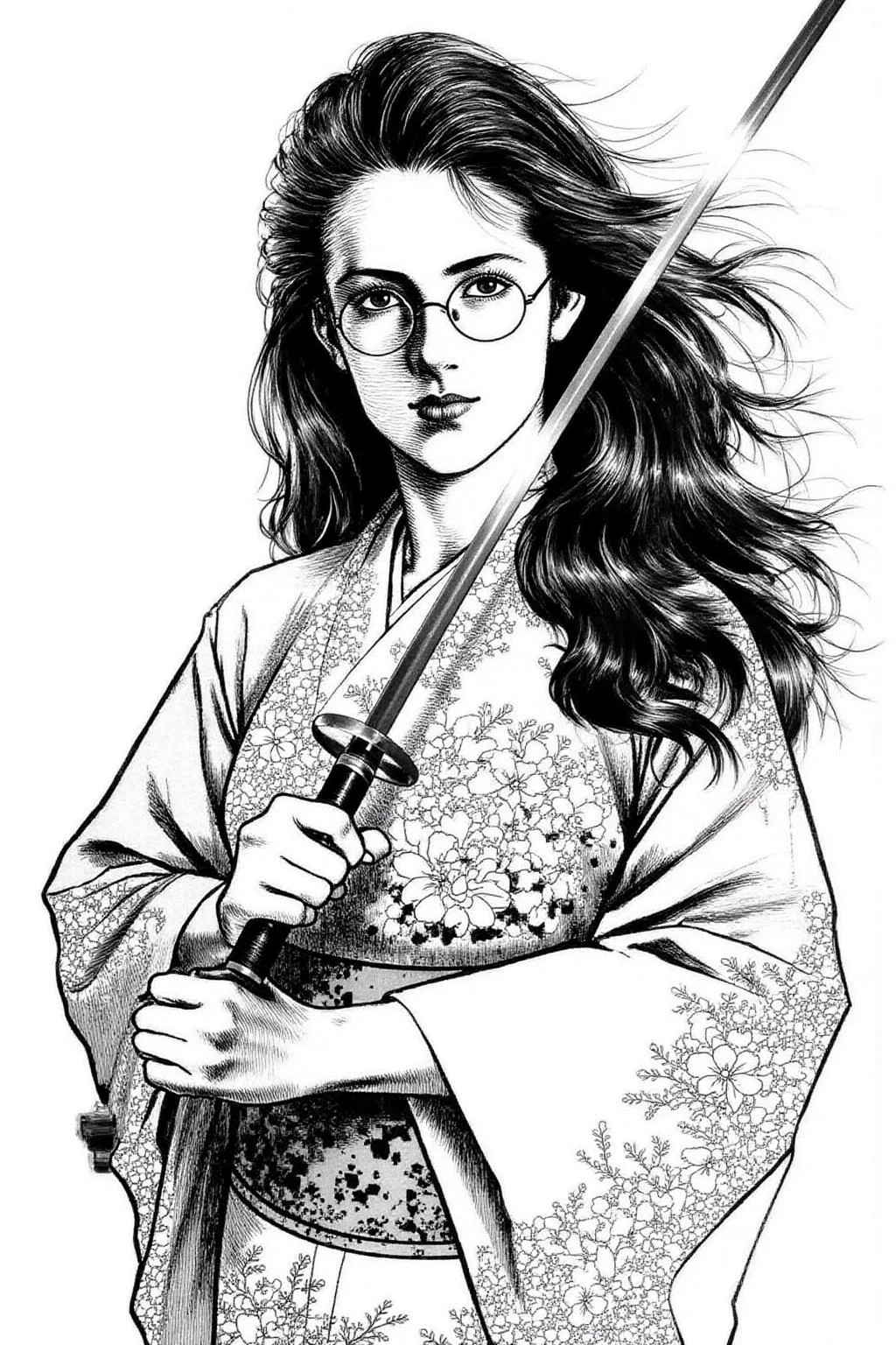 1keryo illustration.
A woman with long, flowing black hair that cascades down her back, and she wears round, wire-framed glasses She is dressed in a traditional Japanese kimono, which is adorned with intricate floral patterns and delicate embroidery. She is holding a Japanese katana. <lora:1keryo1_cap_d6a3e12:1.0><lora:826544586425036487:0>