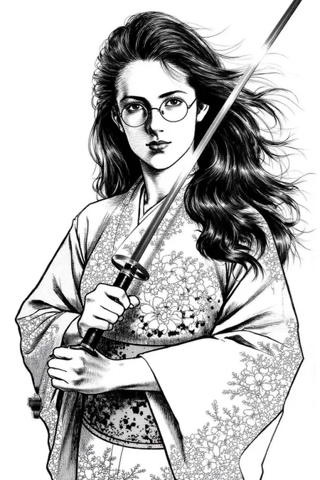 1keryo illustration.
A woman with long, flowing black hair that cascades down her back, and she wears round, wire-framed glasses She is dressed in a traditional Japanese kimono, which is adorned with intricate floral patterns and delicate embroidery. She is holding a Japanese katana. <lora:1keryo1_cap_d6a3e12:1.0><lora:826544586425036487:0>