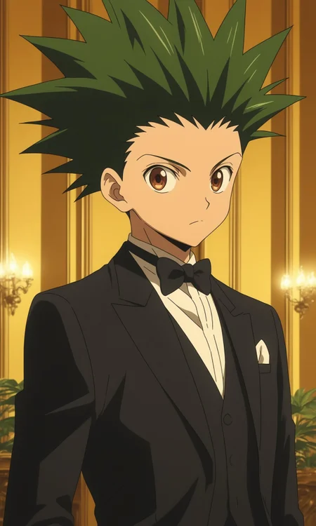 1boy, Gon Freecss from Hunter x Hunter, BREAK source_anime , best quality,   wearing a black tuxedo with a bow tie, formal setting,  elegant lighting, evening atmosphere, detailed background  ,  <lora:tuxedo:0.6>