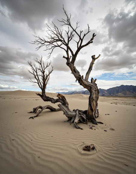 By Maria Isabel Ruiz. A photo-realistic shoot from the side about a desolate landscape with bare trees and dunes under a cloudy sky. on the left of the image, a lone tree stands in the middle of the dunes, its trunk and branches twisted and gnarled, contrasting with the grey and cloudy sky above. the tree appears to be in a state of disrepair, with no leaves, and its bare branches reaching up towards the sky. in the background, a distant mountain range can be seen, adding to the desolate atmosphere of the scene. the image has a shallow depth of field, focusing on the texture of the sand dunes and the surrounding landscape. the overall mood is somber and desolate, with a sense of solitude and isolation.