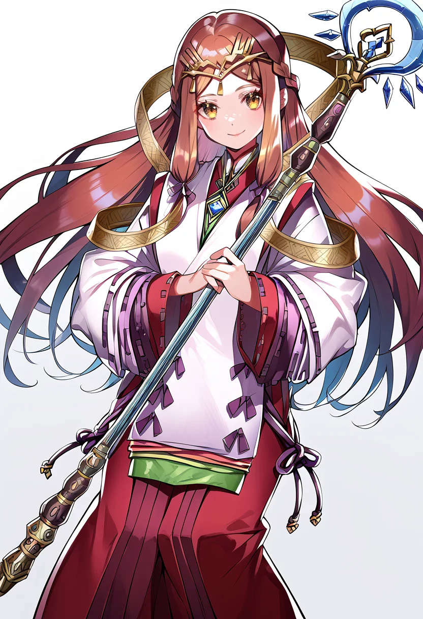 (score_9:0.9),score_8_up,score_7_up,anime style,rating_safe,(zPDXL),<lora:XB2 Lora and Haze ponyXL v1:0.86>,haze_xb2,miko costume,long sleeves,red hakama skirt,1girl,solo,smile,looking at viewer,simple background,holding,staff,holding staff,miko,
