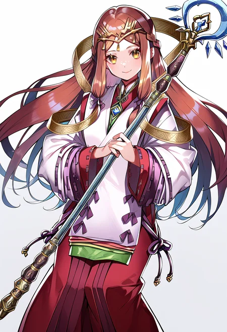 (score_9:0.9),score_8_up,score_7_up,anime style,rating_safe,(zPDXL),<lora:XB2 Lora and Haze ponyXL v1:0.86>,haze_xb2,miko costume,long sleeves,red hakama skirt,1girl,solo,smile,looking at viewer,simple background,holding,staff,holding staff,miko,