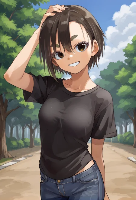 <lora:kagawaRin:1> kagawaRin, solo, thick eyebrows, looking at viewer, smile, black shirt, jeans, outdoors,