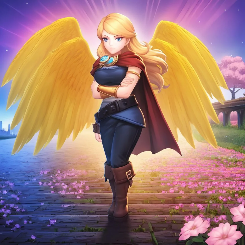 Score_9, Score_8, Score_7up, golden wings, FUSIONOFSTEEL, weapon, belt, blonde hair, solo, Blue Eyes, LordFusion, long hair, boots, cape, 1girl, busty breasts.
BEHAVIOR:
seductive pose, gold armlet, mature female, dutch angle, beautiful face, serious, arms open, bent forward, portrait, right arm extended forward towards viewer,
BACKGROUND:
cheery tree, city, wooden bridge, pink flowers, gardens, birds. night time, aurora borealis, blue moon
