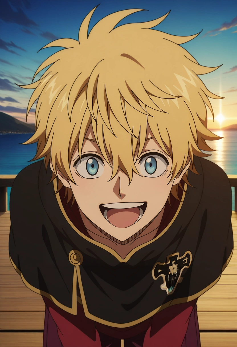 masterpiece, best quality, , anime screencap, , , looking at viewer, 1boy, solo, male focus, <lora:luck_voltia_ilxl:0.9>, luck_voltia, blonde hair, blue eyes, short hair, hair between eyes, , capelet, straight-on, dock, dawn, leaning forward, laughing, Maroon Eyelet Pleated corduroy pants, Henley hoodie, , , and andEyeglasses case
