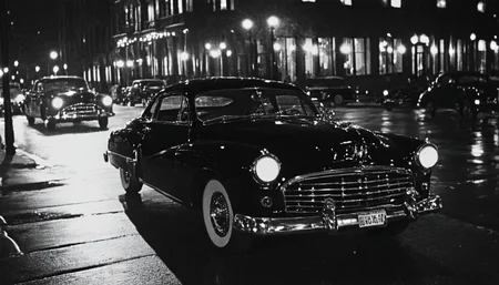 <lora:50s_Noir_Movie-000005:1> ArsMovieStill, 50s Noir Movie Still, The image is a black and white photograph of a vintage car on a city street at night. The car is a classic vintage model with a sleek design and chrome accents. It is parked on the side of the road with a sidewalk on the right side and a few other cars and buildings in the background. The street is lined with street lamps and there are a few people walking on the sidewalk. The sky is dark and the overall mood of the image is somber.